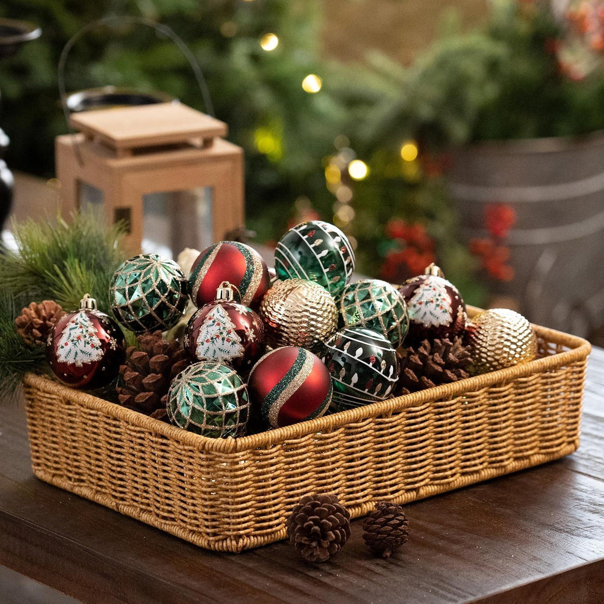Weihnachtskugeln 16er Set 6cm Rot Grün Gold Bruchfest mit Aufhänger