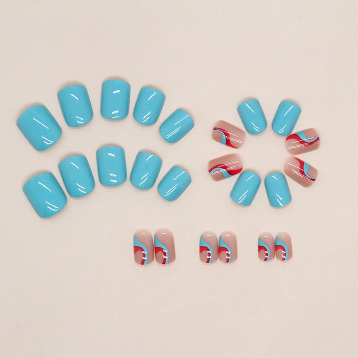 24er Set Eckige French Tips Press on Nägel Blau Rot - Glänzende Full