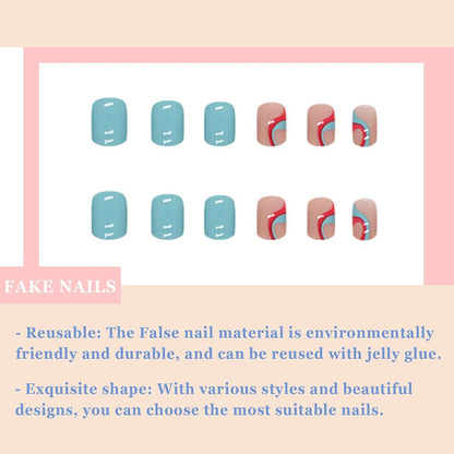 24 Stück Kurze Blau Rote French Tips Künstliche Nägel Welligkeit Designs