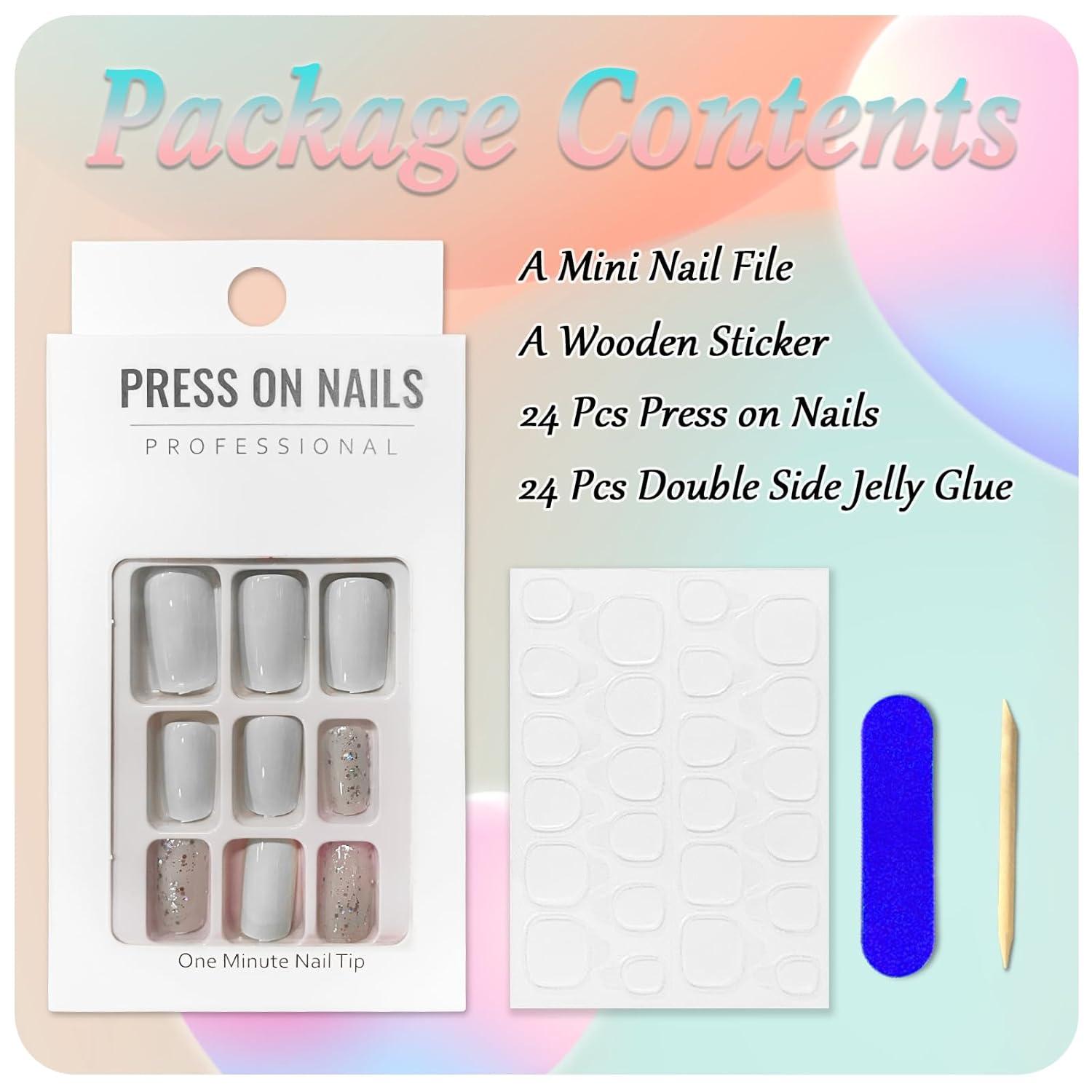 24 Stück Glitzer Acryl Nägel Eckig Weiß Press on Nails Designs
