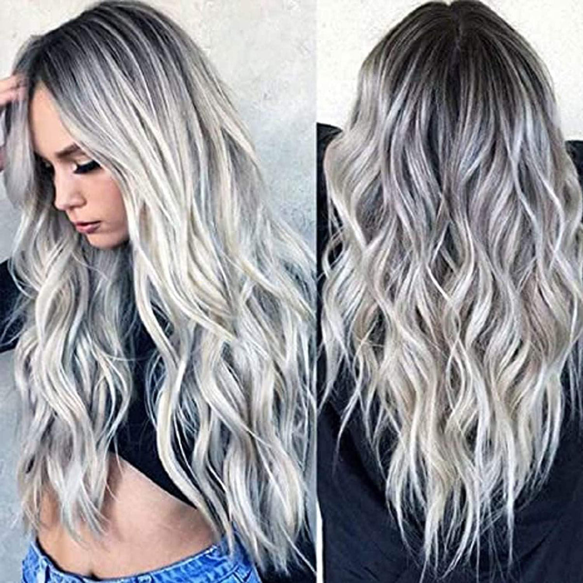 Silbergrau Ombre Langhaar Perücke Damen – Locken & Mittelscheitel
