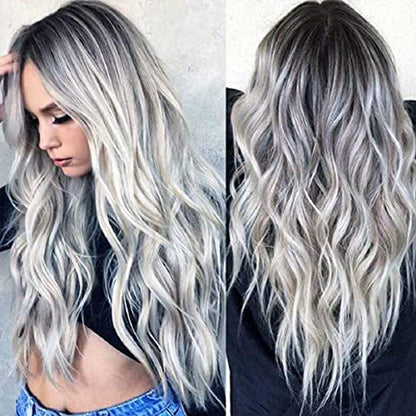 Silbergrau Ombre Langhaar Perücke Damen – Locken & Mittelscheitel