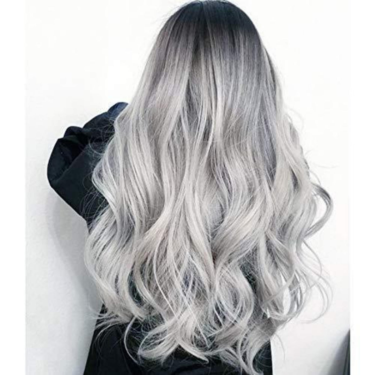 Silbergrau Ombre Langhaar Perücke Damen – Locken & Mittelscheitel
