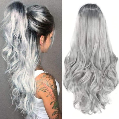 Silbergrau Ombre Langhaar Perücke Damen – Locken & Mittelscheitel