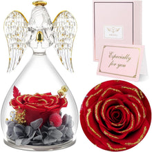 Sunia Ewige Rose mit Engel Figur in Glaskuppel Rot