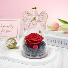 Sunia Ewige Rose mit Engel Figur in Glaskuppel Rot