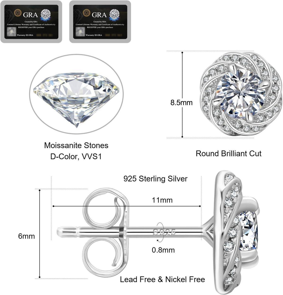 Damen Moissanite Ohrringe 925 Silber Blume Halo 1,0/2,0 Karat VVS1 Diamant