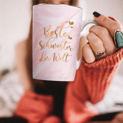 Kaffeetasse Beste Schwester Rosa 400ml mit Spruch & Geschenkbox