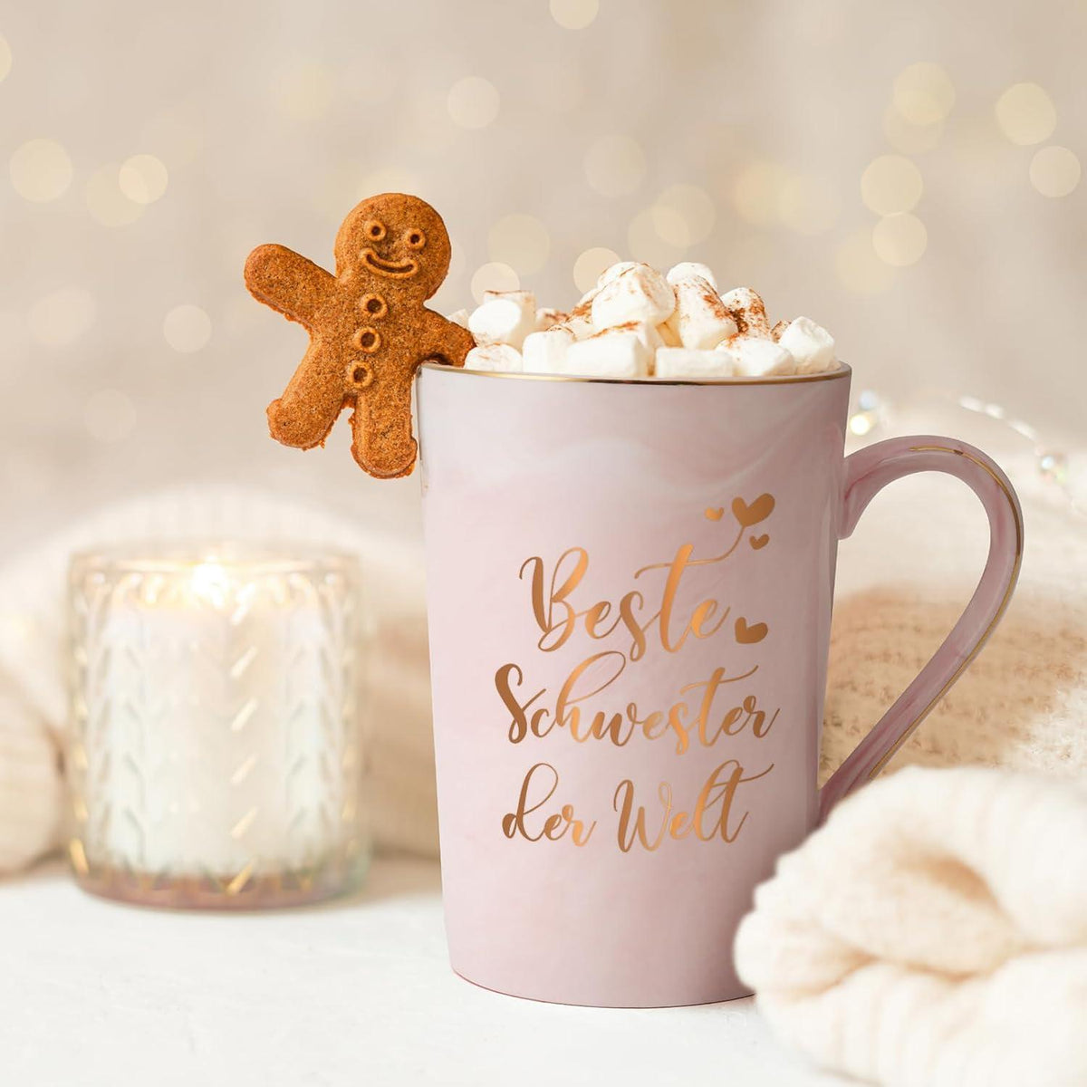 Kaffeetasse Beste Schwester Rosa 400ml mit Spruch & Geschenkbox