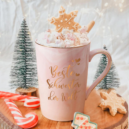 Kaffeetasse Beste Schwester Rosa 400ml mit Spruch & Geschenkbox