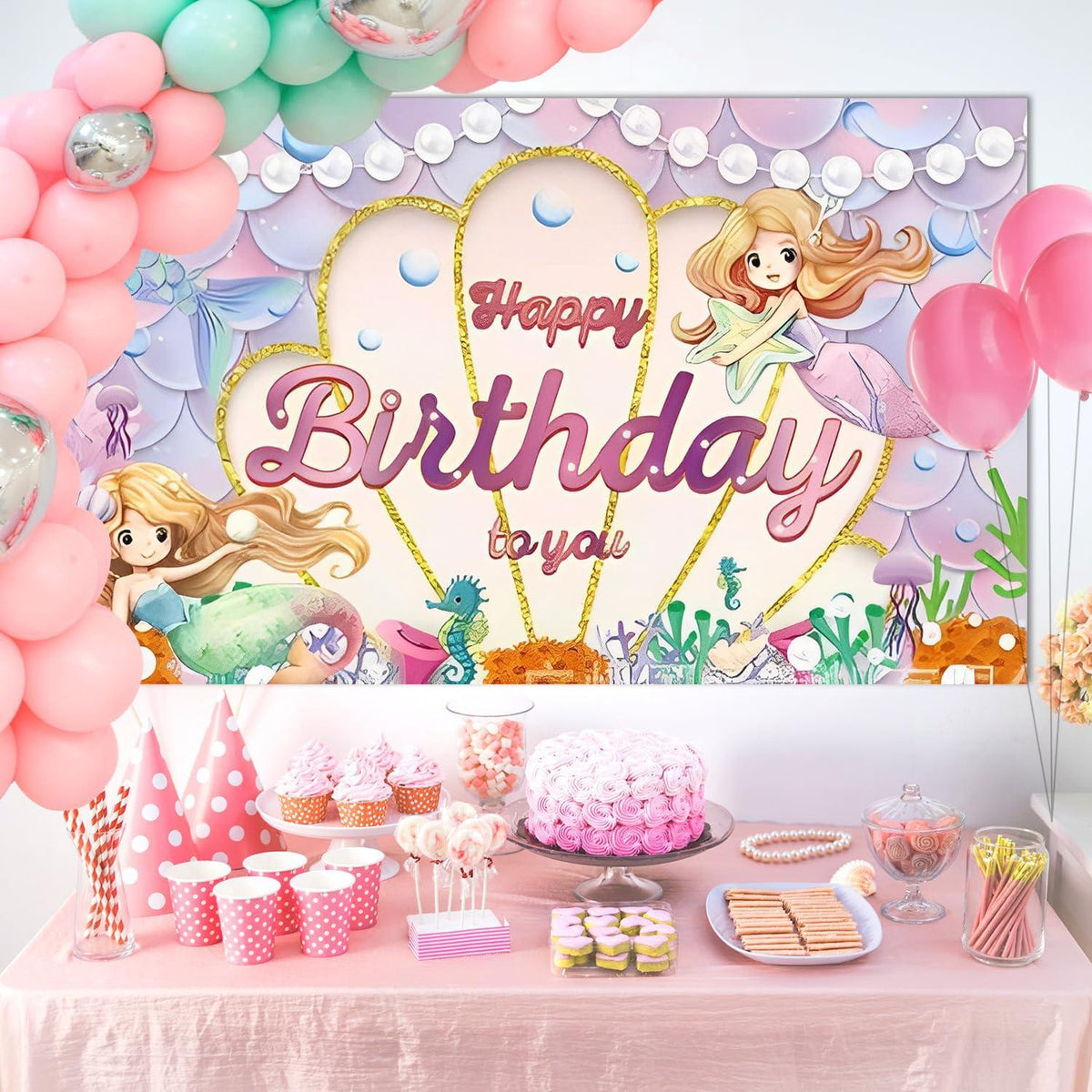 Meerjungfrau Geburtstag Dekoration Banner 180x110 cm Mädchen Party Fotohintergrund