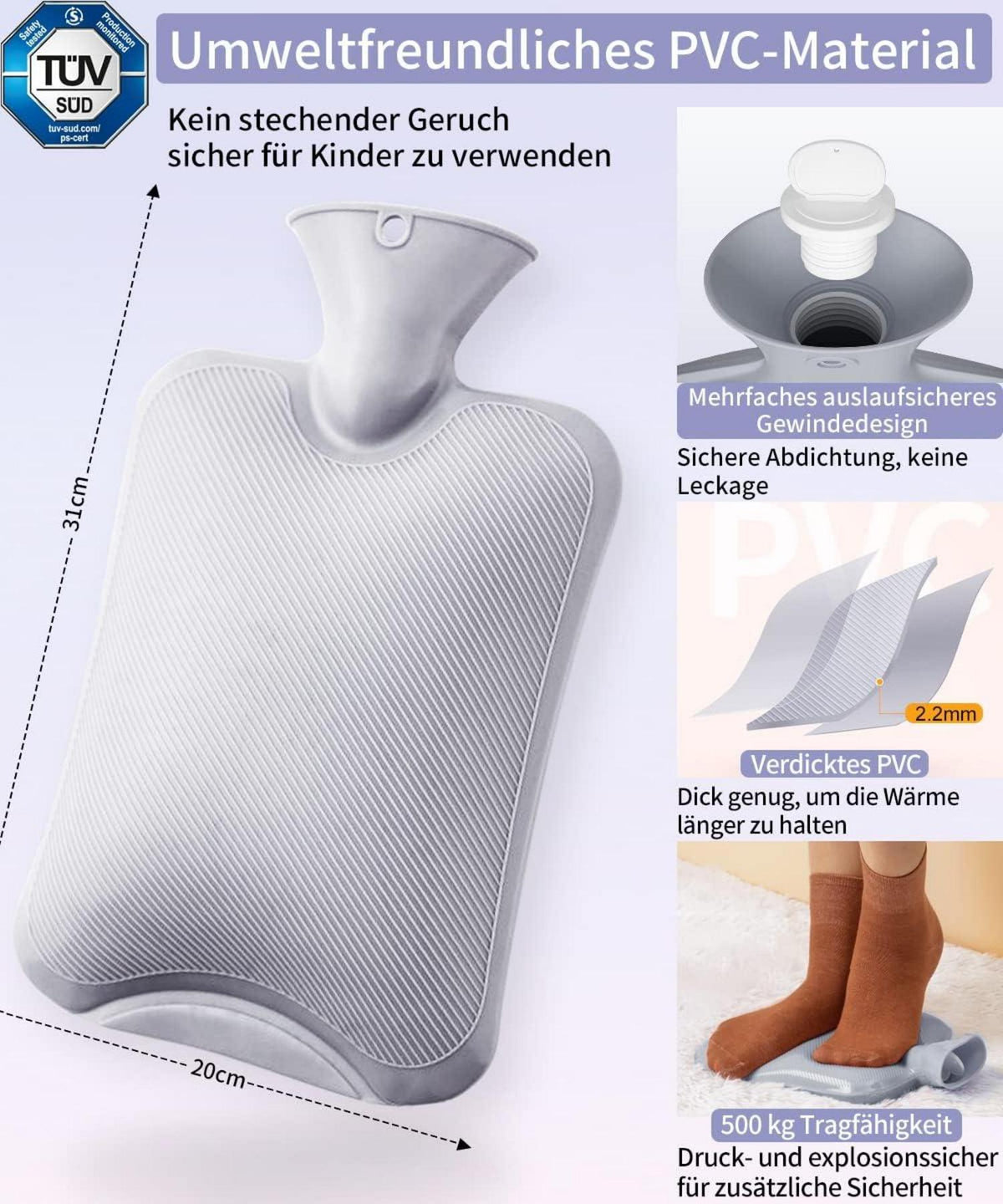 Wärmflasche mit Kuschelweichem Bezug 2L Groß Grau BPA Frei