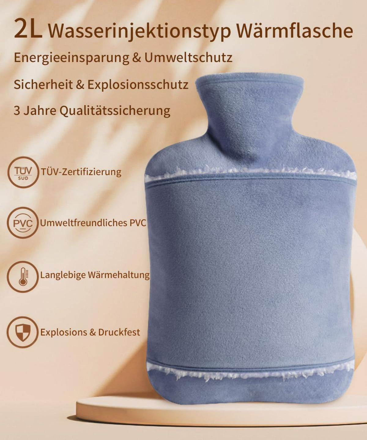 Wärmflasche mit Bezug 2L Auslaufsicher BPA-frei Kuschelweich Grau