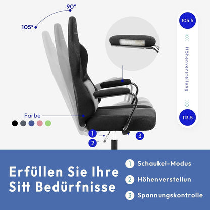 Gaming Stuhl Stoff Erwachsene Lendenwirbelstütze Kinder Schwarz