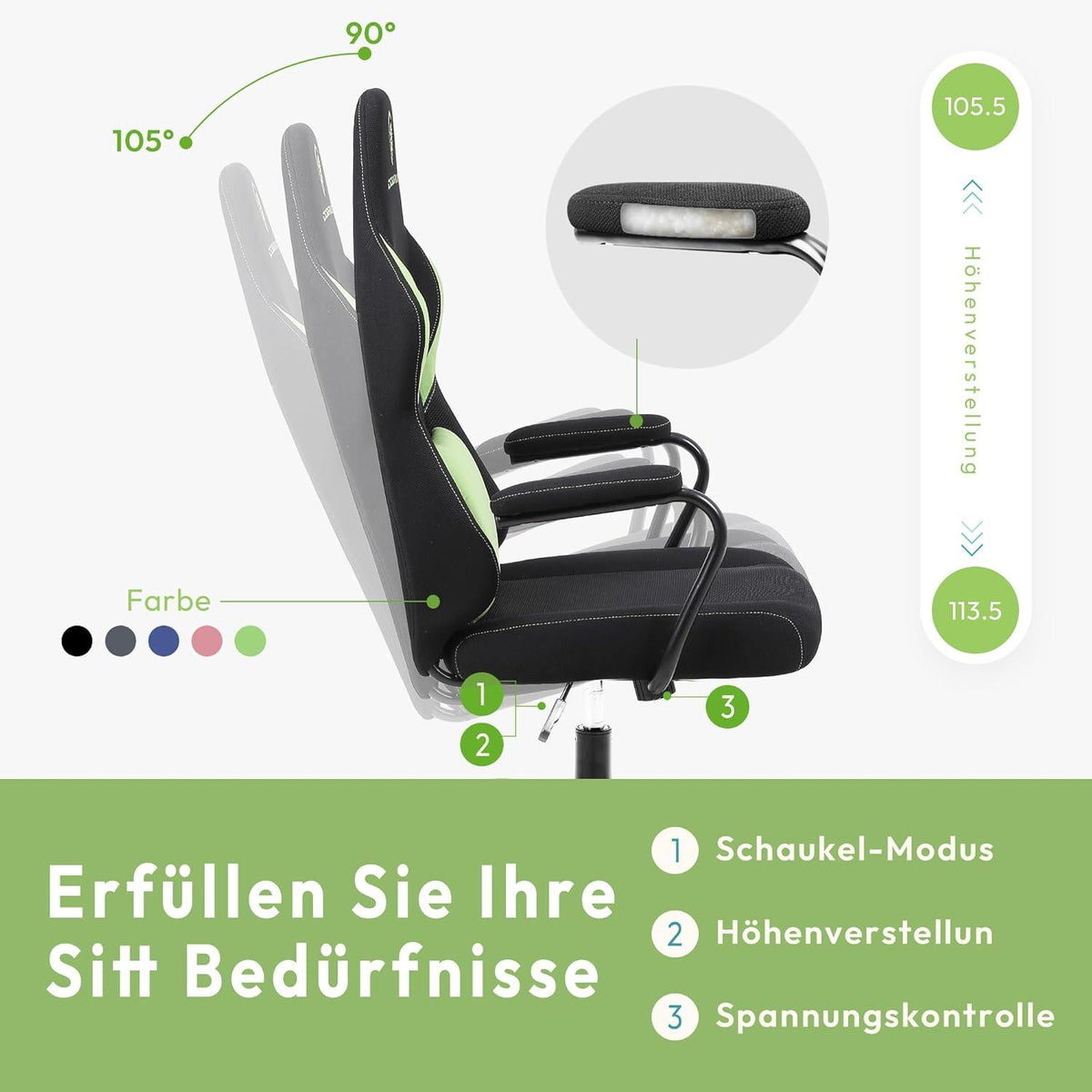 Dowinx Gaming Stuhl Stoff mit Lendenwirbelstütze für Erwachsene und Kinder in Grün