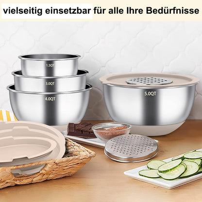 Terlulu Edelstahl Rührschüssel 6er Set mit Deckel und Silikonboden 4.7l/3.8l/2.8l/1.9l/1.4l/0.6l