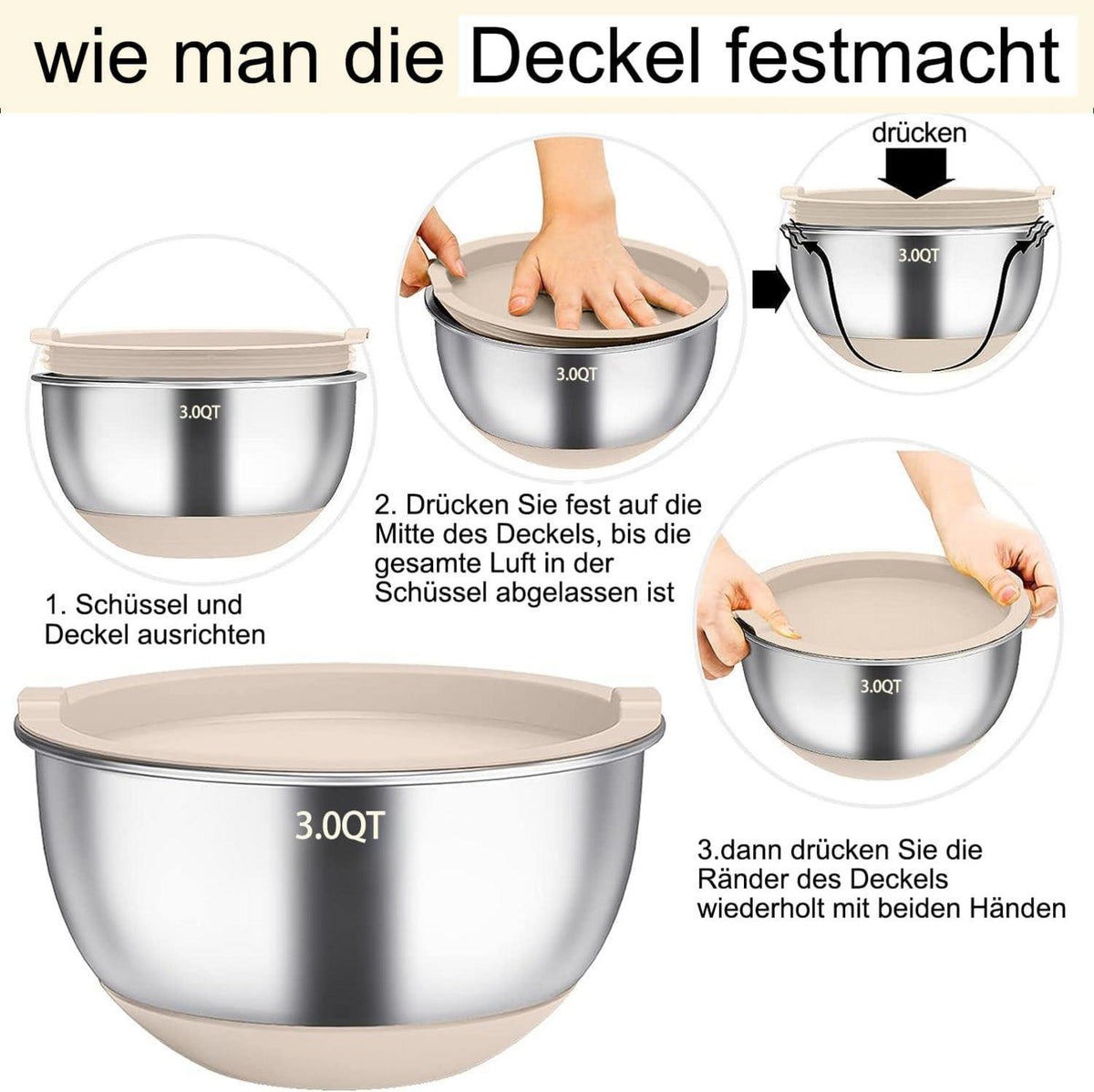 Rührschüssel Set Edelstahl mit Deckel Silikonboden 6-teilig Khaki