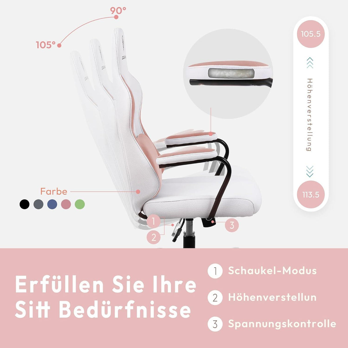 Dowinx Gaming Stuhl Bürostuhl Kinder ergonomisch Rosa Rückgabeservice 30 Tage