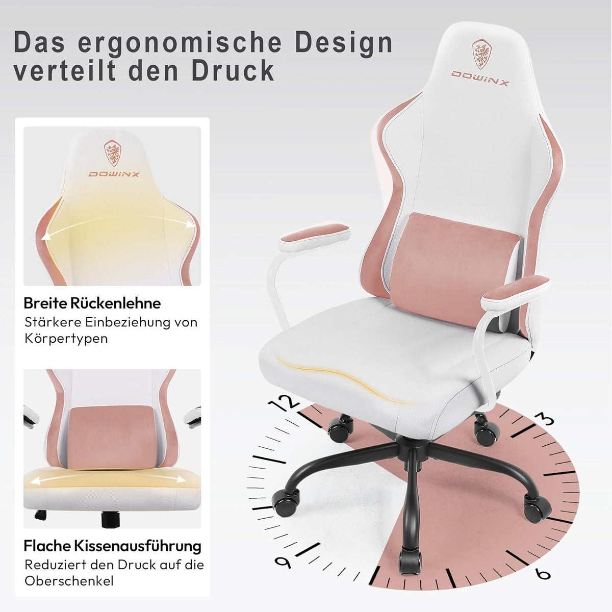 Dowinx Gaming Stuhl Bürostuhl Schreibtischstuhl Ergonomisch Kinder Computer Stuhl Verstellbar Leise Räder Pink