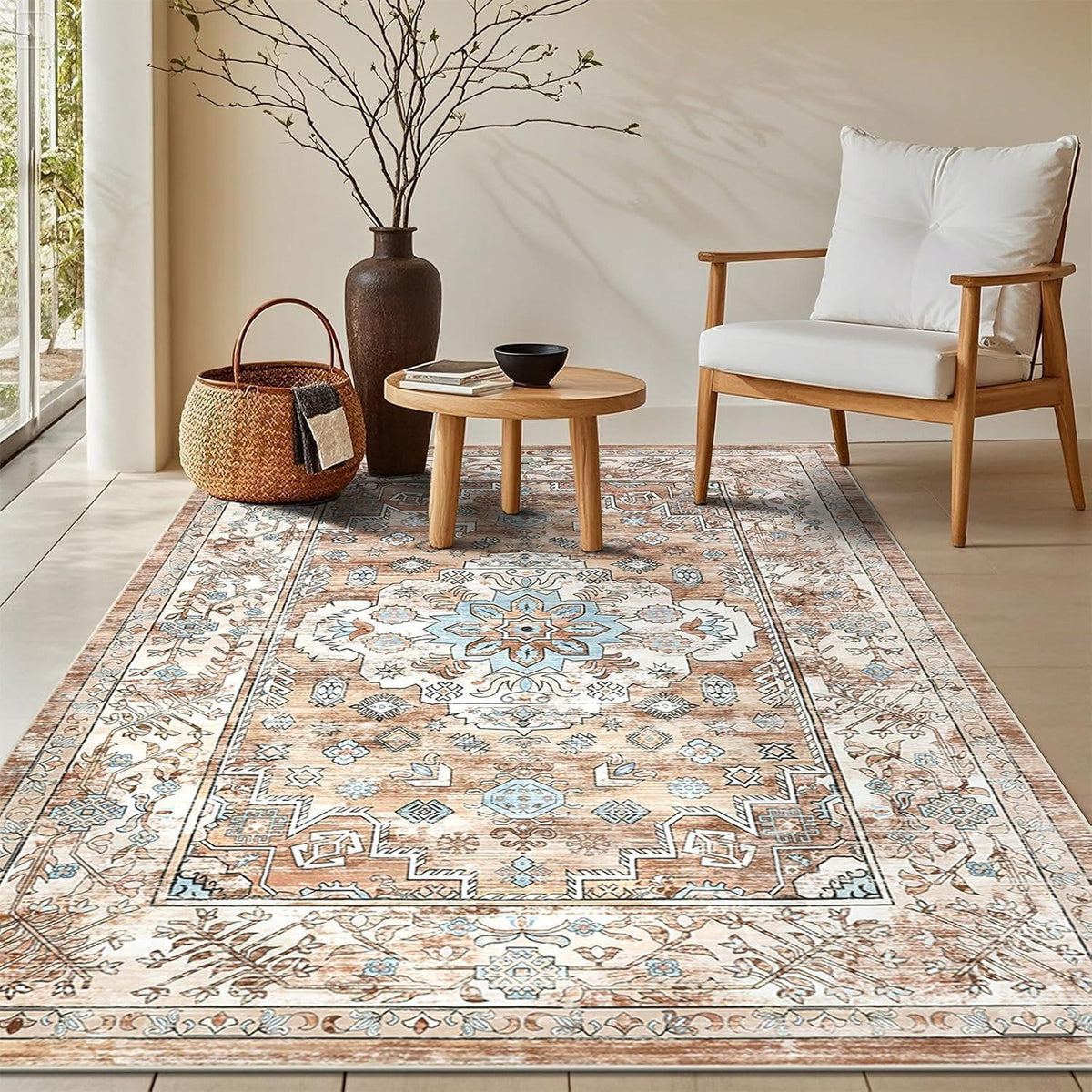 Boho Kurzflor Teppich 90x150 cm, waschbar, rutschfest, cremefarben
