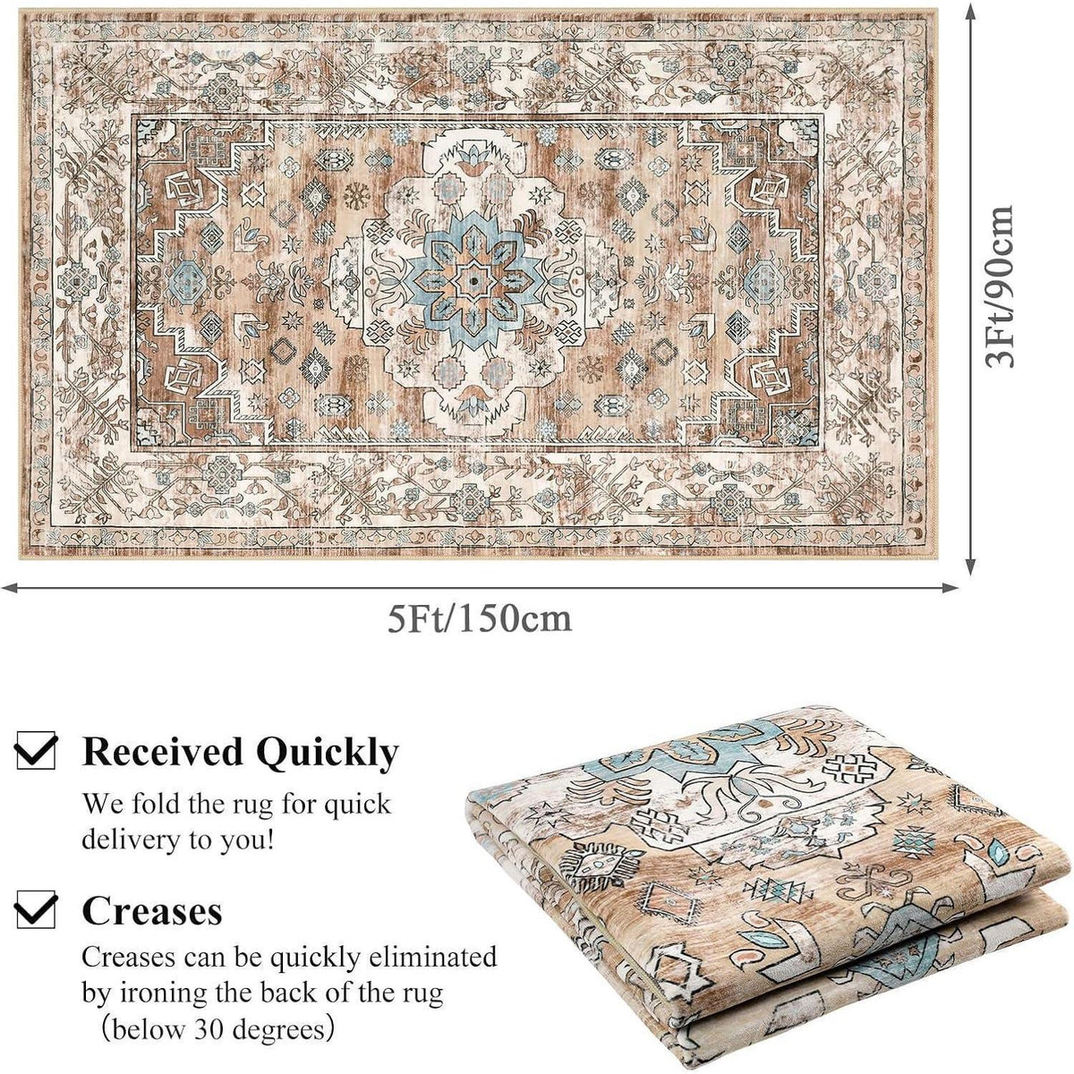 Boho Kurzflor Teppich 90x150 cm, waschbar, rutschfest, cremefarben