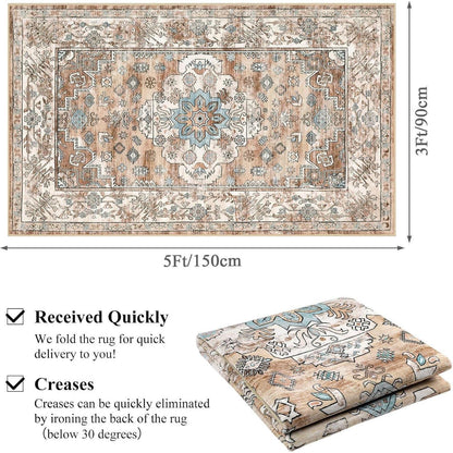 Boho Kurzflor Teppich 90x150 cm, waschbar, rutschfest, cremefarben