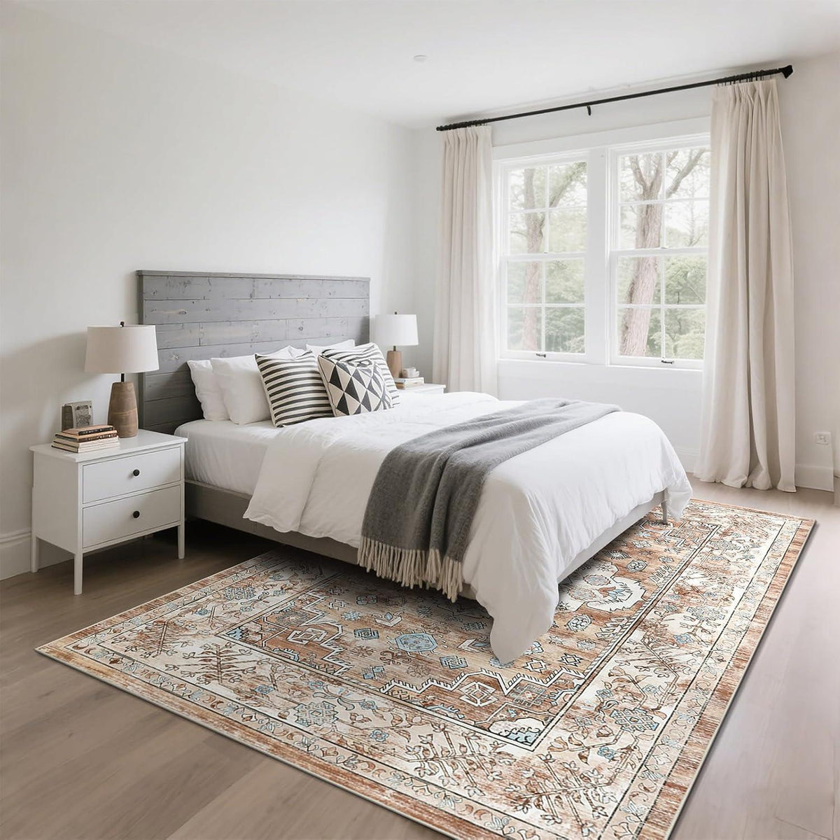 Boho Kurzflor Teppich 90x150 cm, waschbar, rutschfest, cremefarben