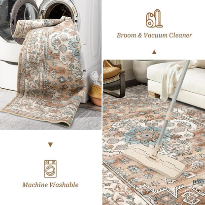 Boho Kurzflor Teppich 90x150 cm, waschbar, rutschfest, cremefarben