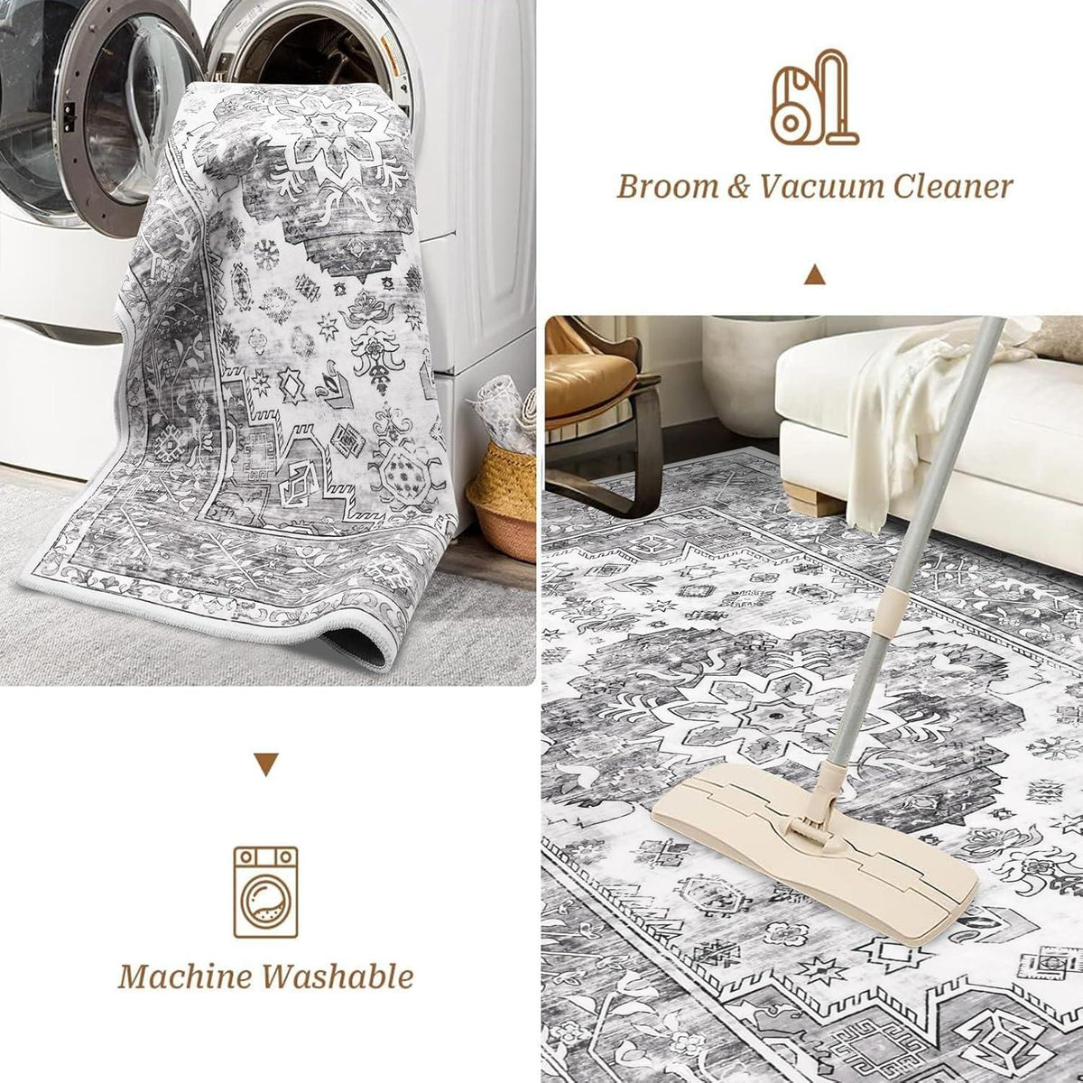 Großer Teppich Vintage Bohemian 120x180 cm Grau rutschfest waschbar