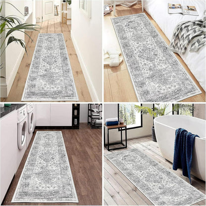 Läufer Teppich Grau 60x180 cm, Waschbar, Rutschfest, Boho Stil
