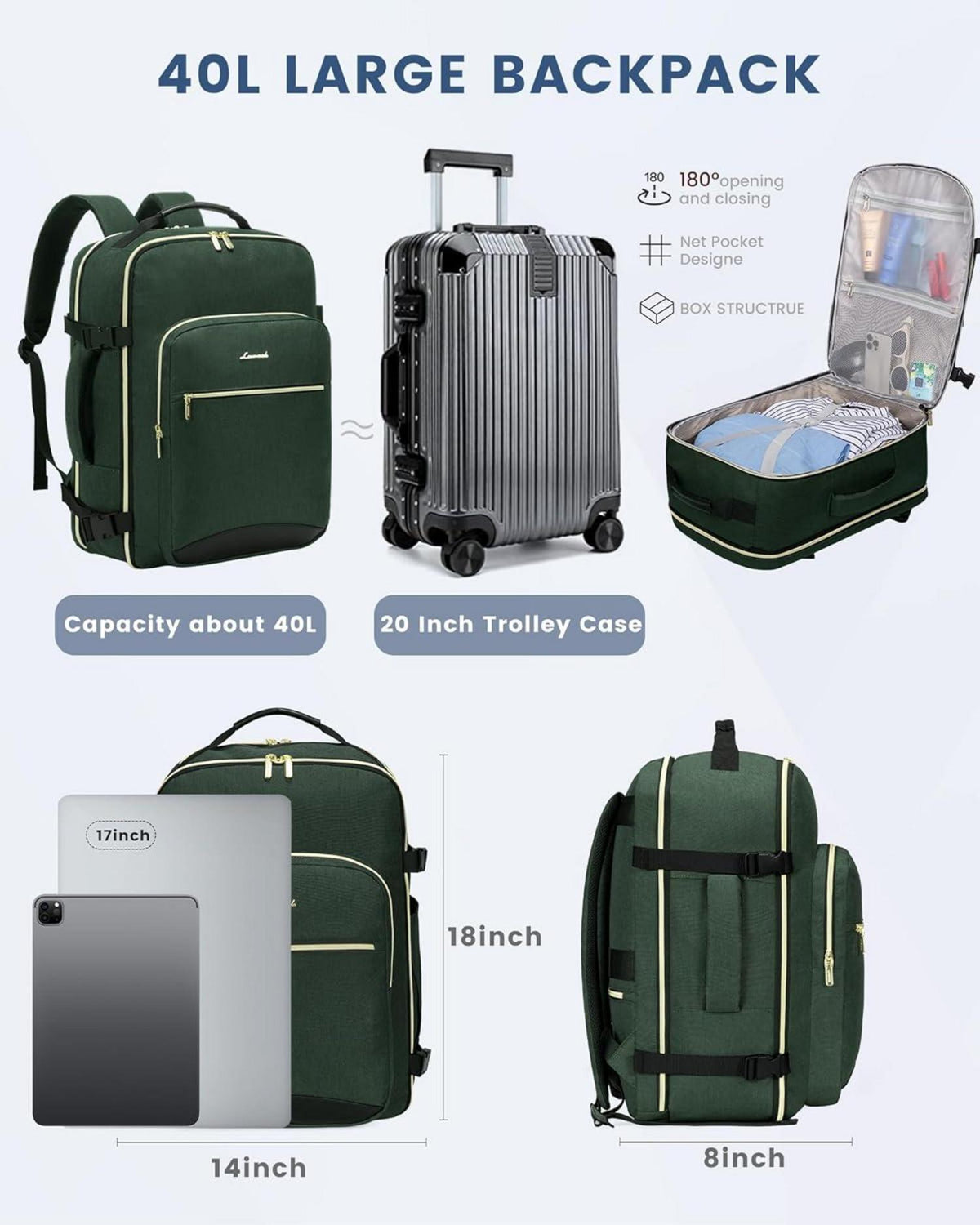 Handgepäck Rucksack 40L Reiserucksack Damen Wasserfest Laptop