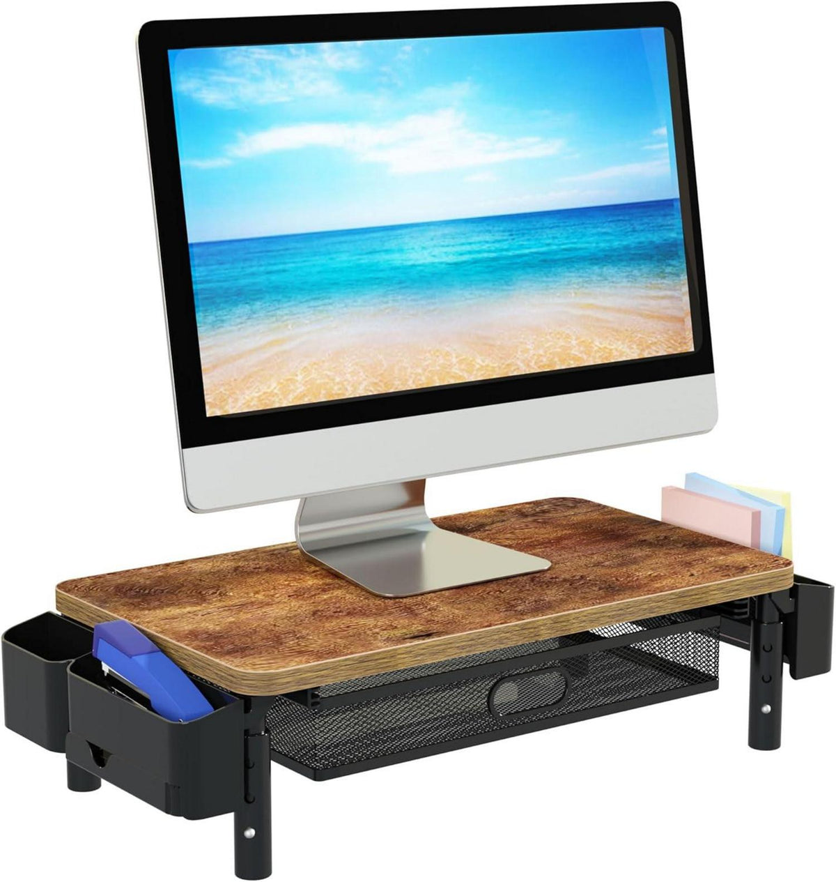 Höhenverstellbarer Monitorständer aus Holz mit Stauraum