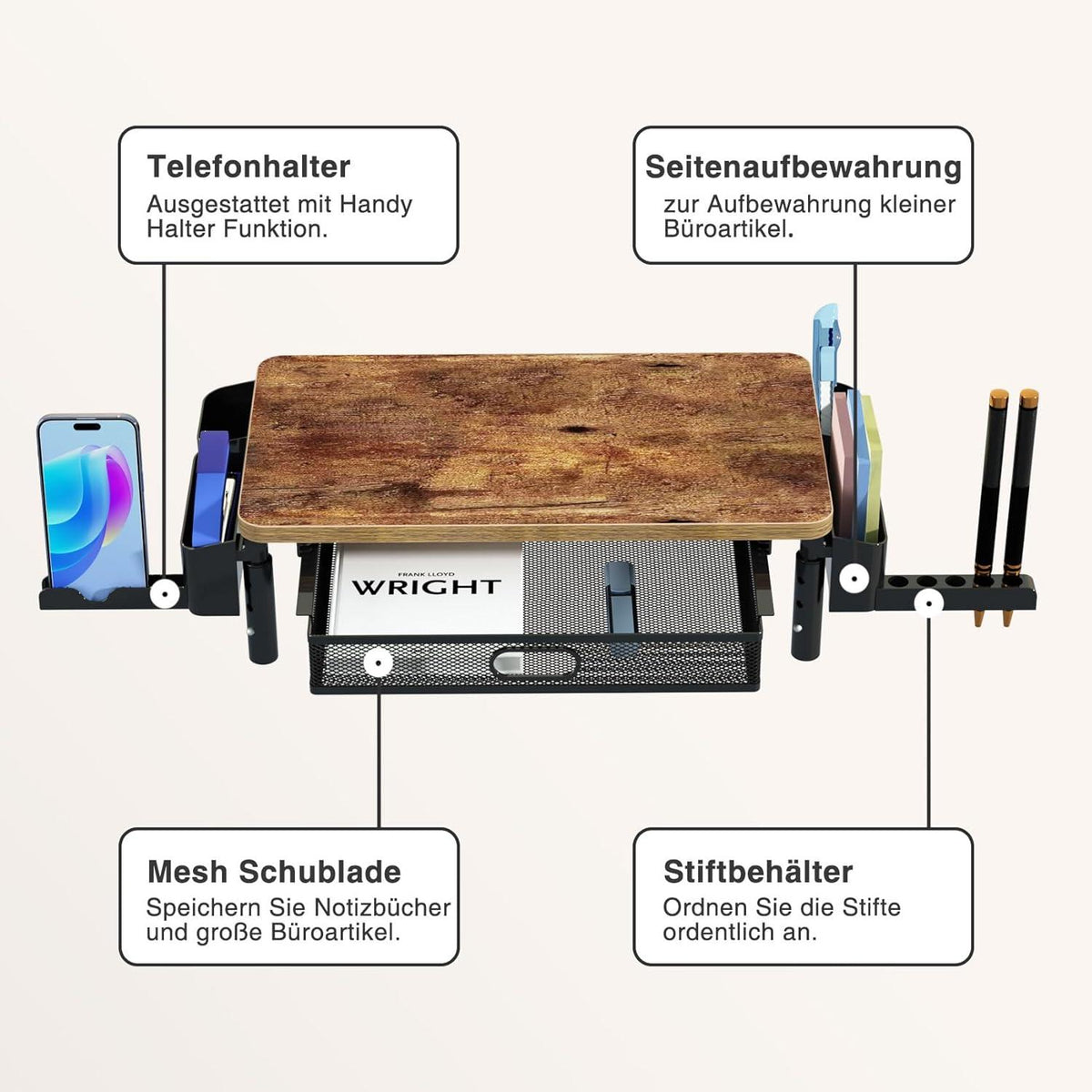 Holz Monitor Ständer: Schublade, Telefonhalter, Stiftbehälter - Höhenverstellbarer Bildschirmständer