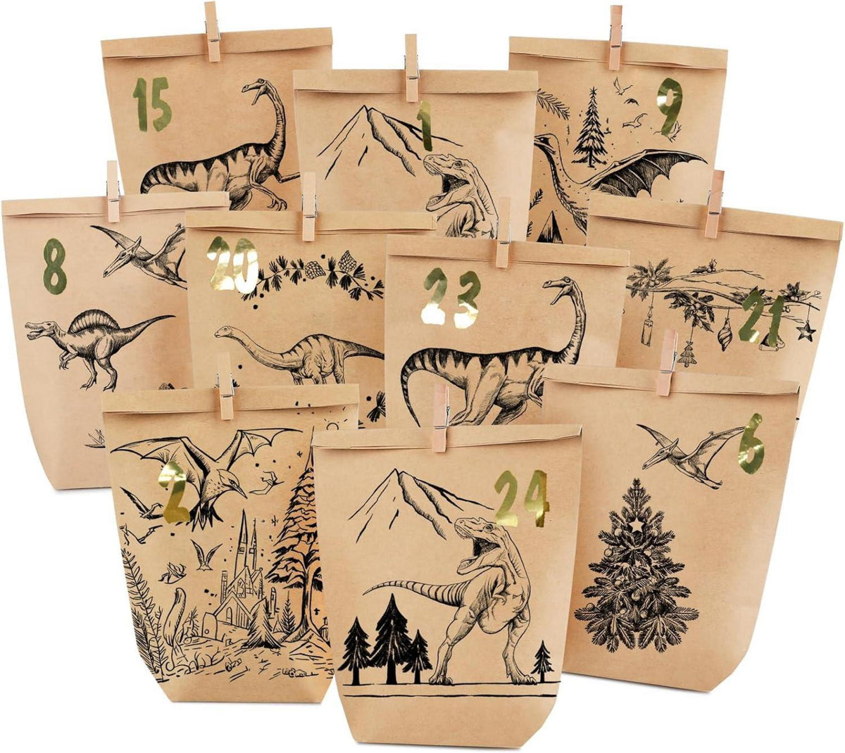 Adventskalender Tüten zum Befüllen handgezeichnet Dinosaurier 2024