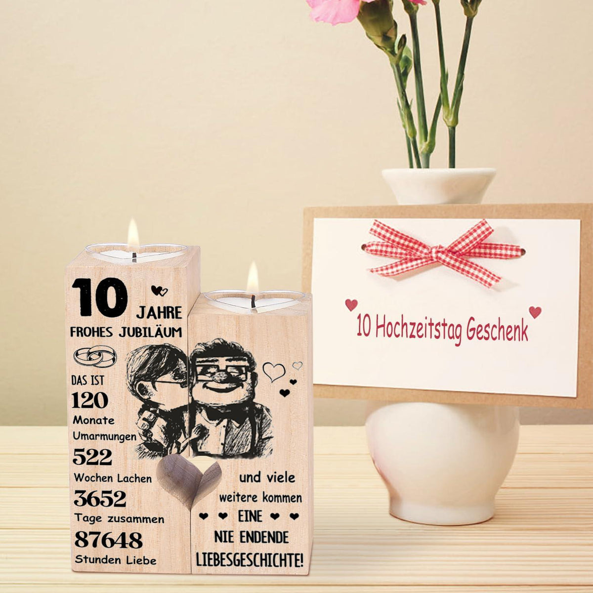 Rosenhochzeit Geschenk Kerzenständer 10. Jubiläum Deko Holz Teelichthalter
