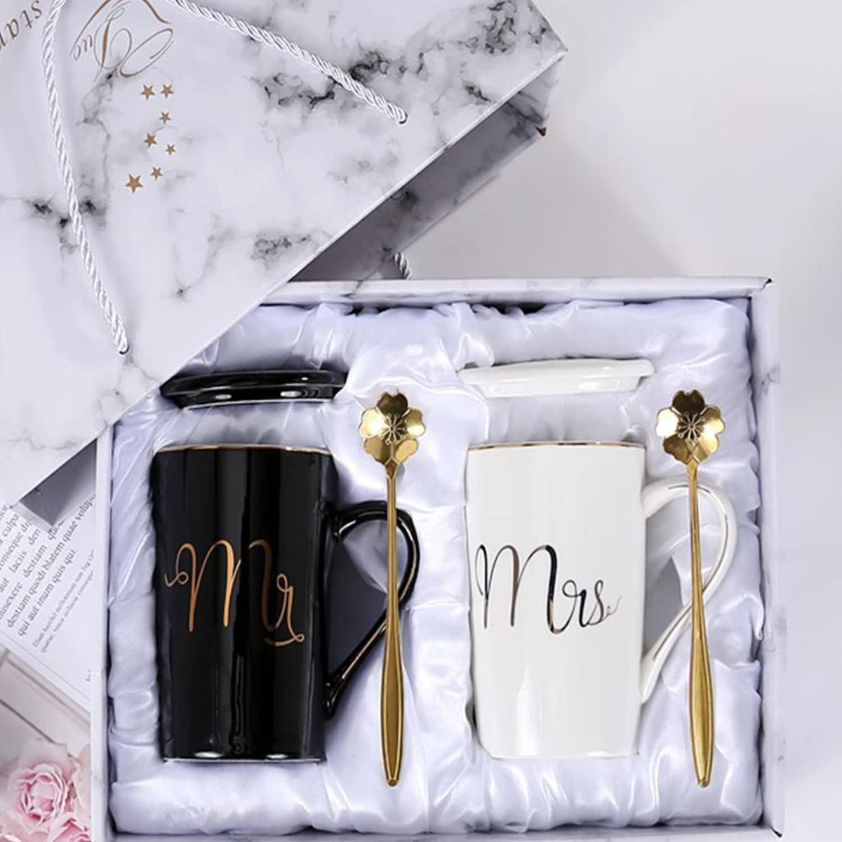 Mr und Mrs Tassen Set Keramik Schwarz Weiß Hochzeitsgeschenk