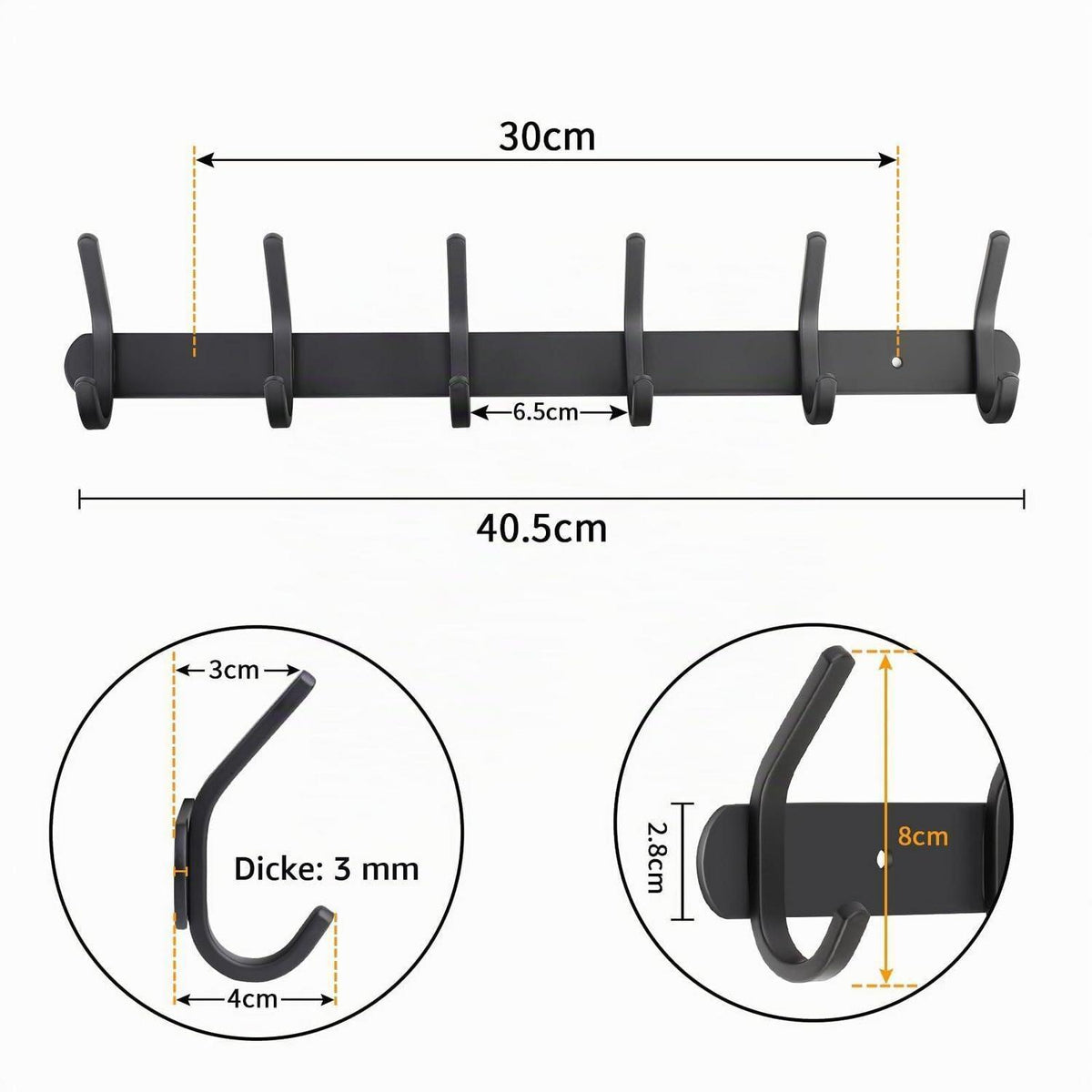 Kleiderhakenleiste Wandmontage mit 6 Haken, Schwarz