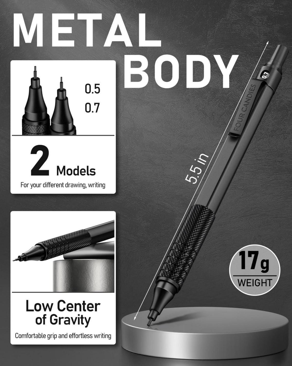 Schwarze Metall Druckbleistifte Set mit Minen und Radiergummis