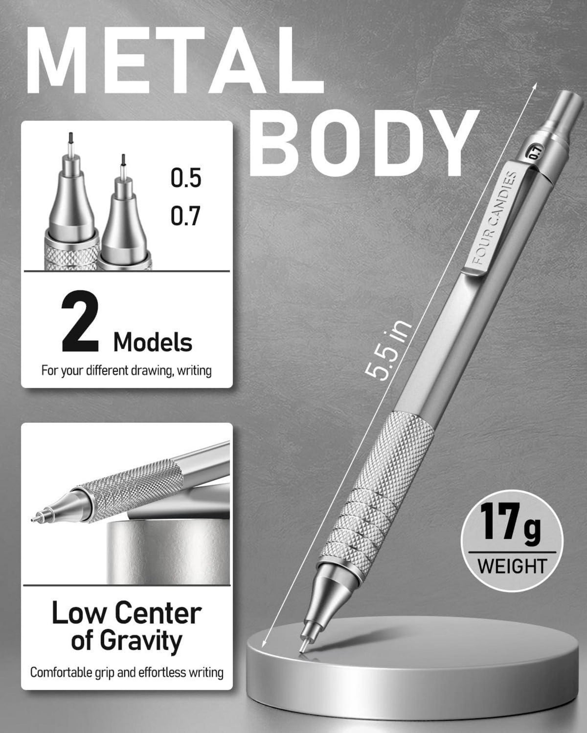 Metall Druckbleistift Set 0,5mm & 0,7mm HB Mine, Radiergummi, Künstler