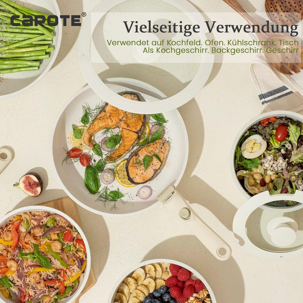 8-teiliges CAROTE Topf- und Pfannenset mit abnehmbaren Griffen, antihaftbeschichtet, stapelbar, induktionsgeeignet