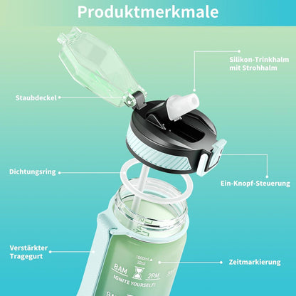 Sport Trinkflasche 1L BPA-frei mit Strohhalm Auslaufsicher Grün Minze