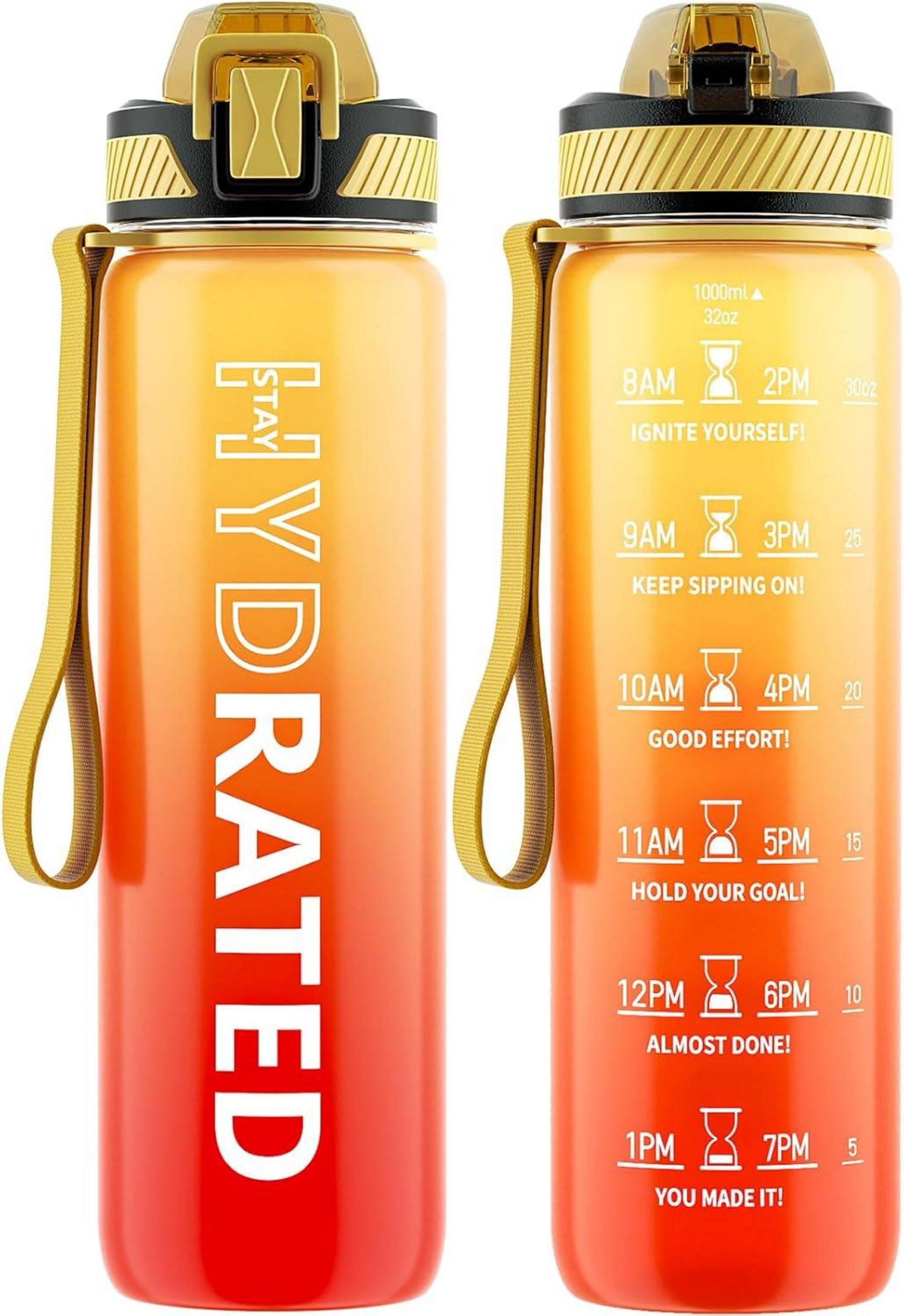 Trinkflasche 1 Liter mit Strohhalm und Zeitmarkierung Gelb Rot