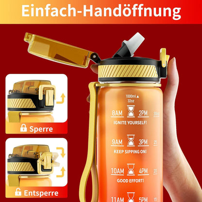 Trinkflasche 1 Liter mit Strohhalm und Zeitmarkierung Gelb Rot