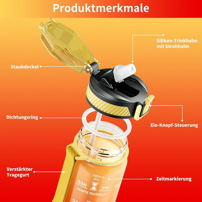 Trinkflasche 1L BPA-frei Tritan Wasserflasche Strohhalm Zeitmarkierung Gelb Rot