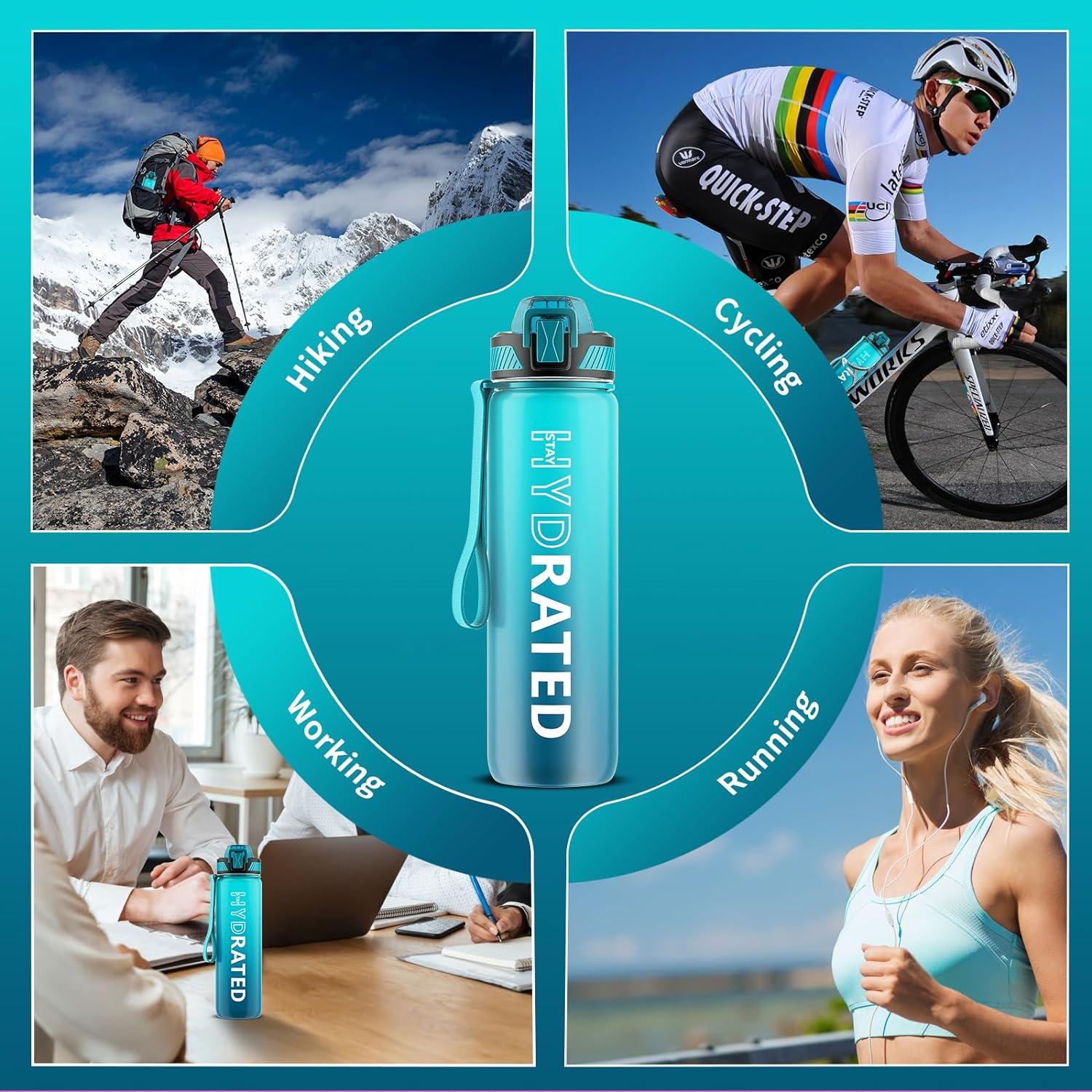 Trinkflasche 1L BPA-frei Tritan mit Strohhalm Zeitmarkierung Blau