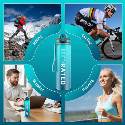 Trinkflasche 1L BPA-frei Tritan mit Strohhalm Zeitmarkierung Blau