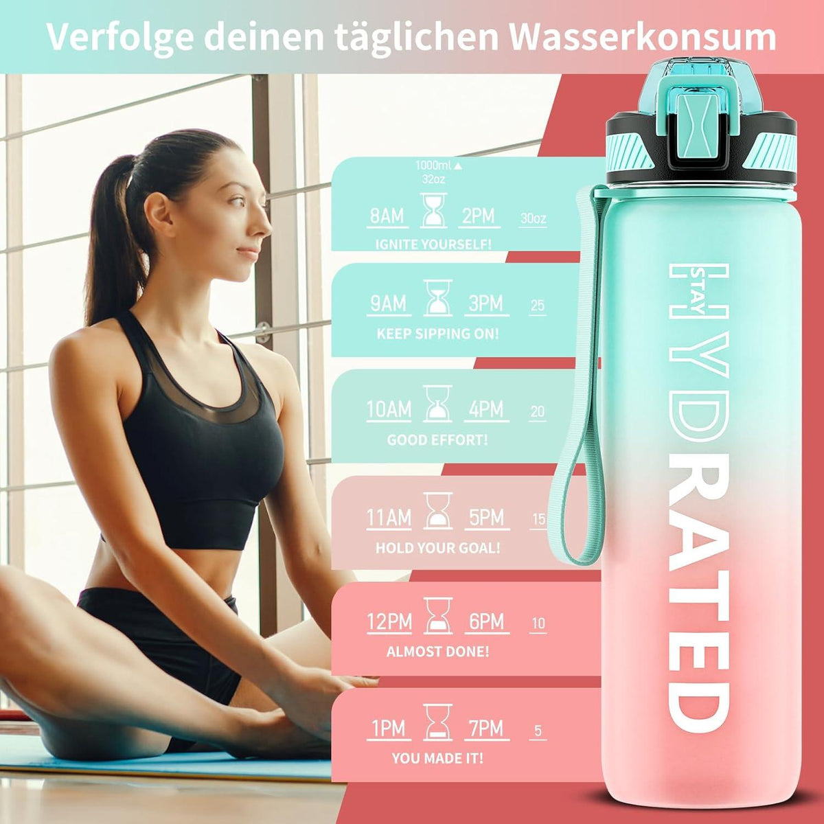 QLUR Trinkflasche 1L BPA-Frei mit Strohhalm Sport