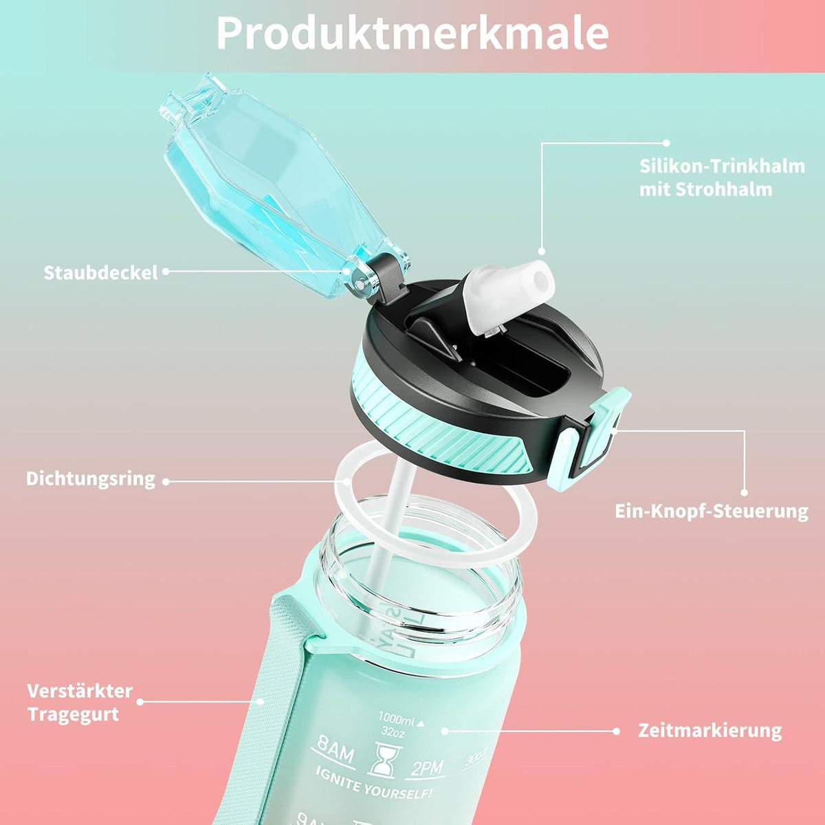 Trinkflasche 1L BPA-frei Tritan Strohhalm Zeitmarkierung Sport Fitness Outdoor