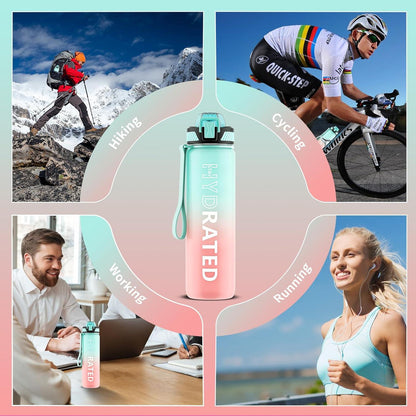 Trinkflasche 1L BPA-frei Tritan Strohhalm Zeitmarkierung Sport Fitness Outdoor