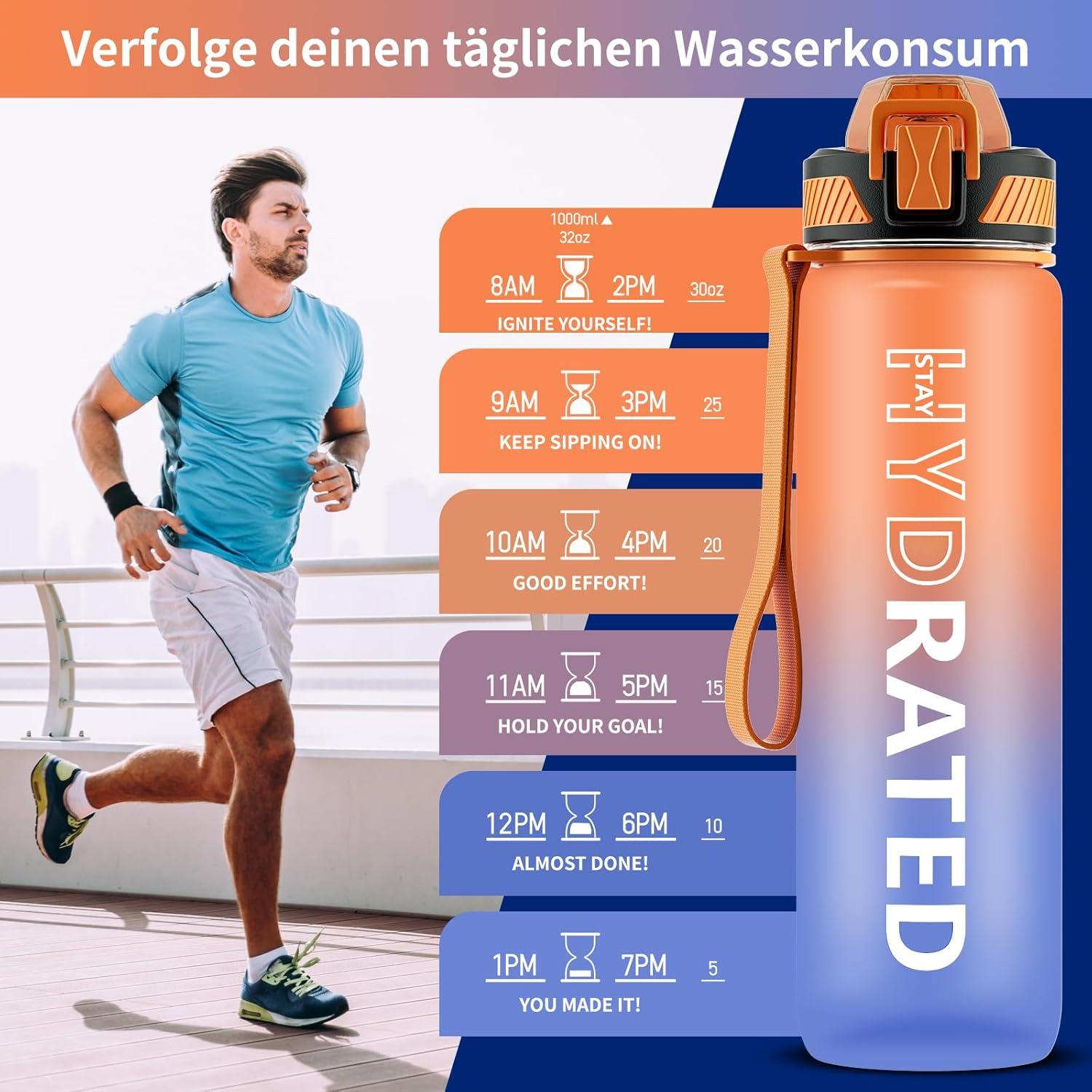 Trinkflasche 1L BPA-frei Tritan mit Strohhalm Orange Blau